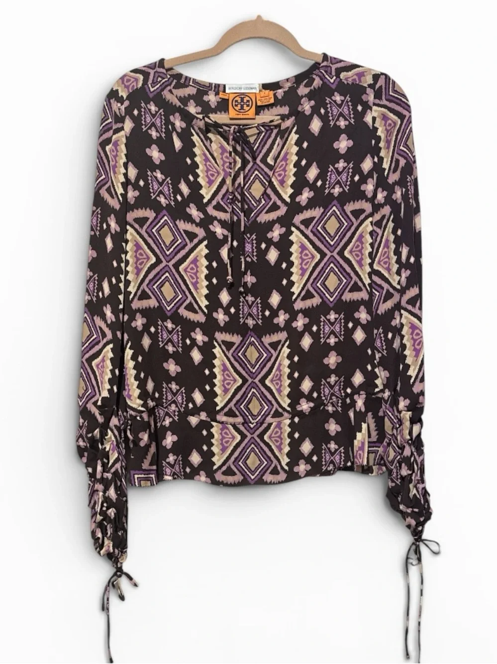 TORY BURCH Geo Print Peasant Blouse 4 18.5” P2P Brown/Purple NWOT